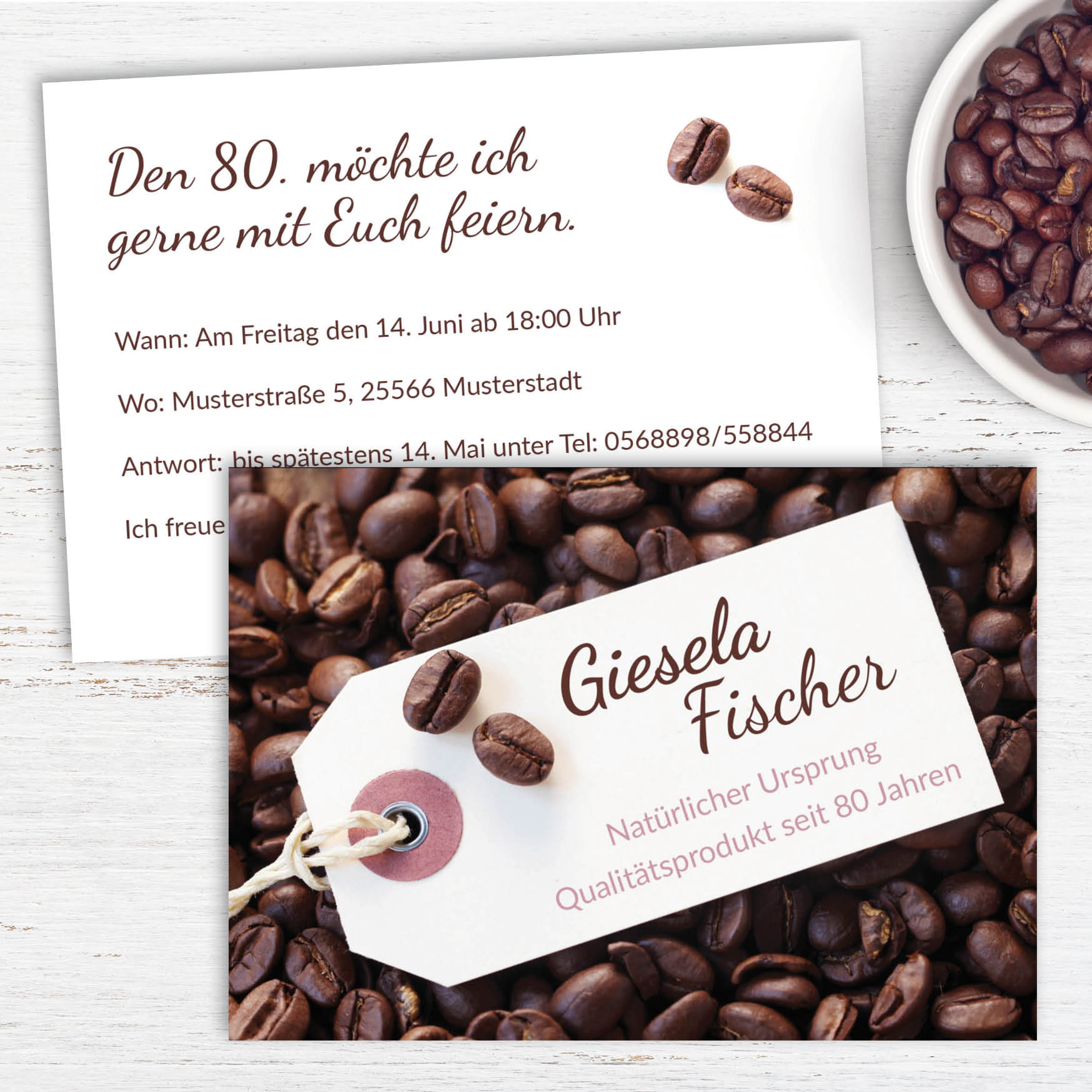Einladung zum 80. Geburtstag: Kaffee Bohnen